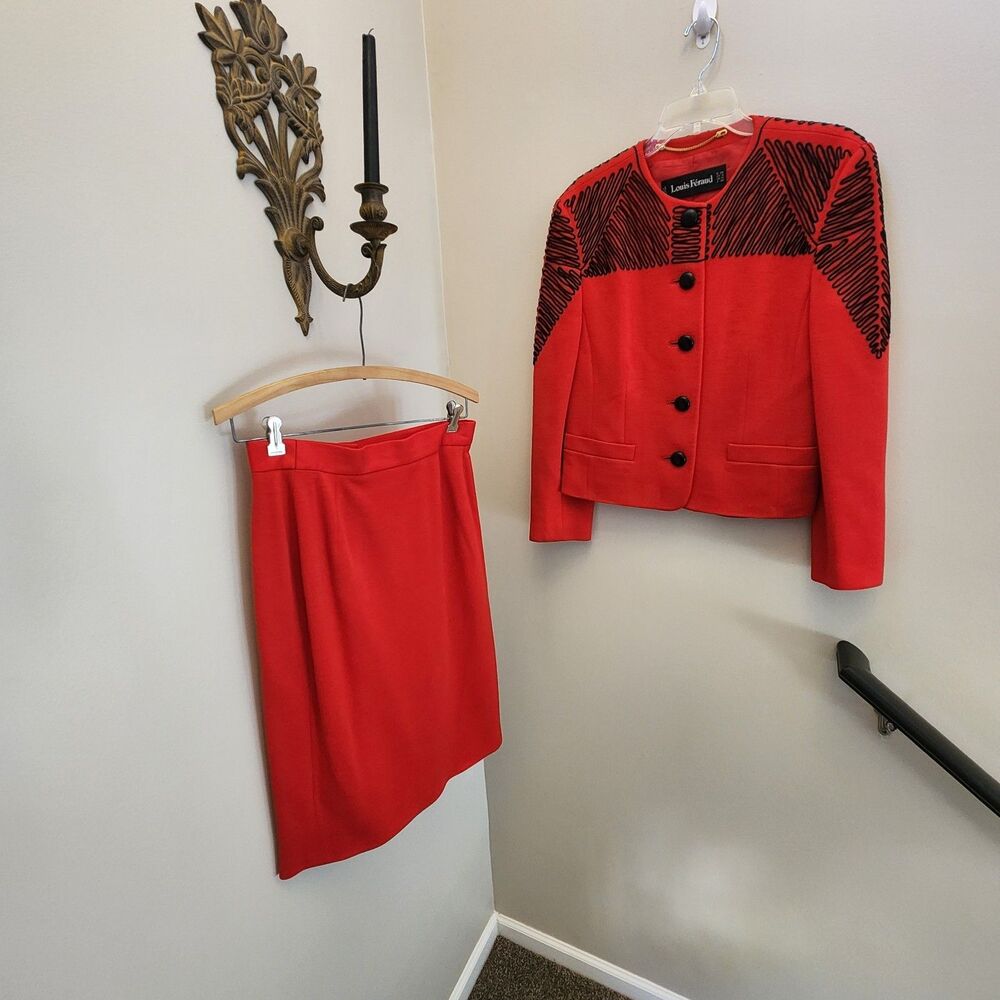 Vtg Louis Feraud Womens Skirt Suit Red Embroidered 100% Wool Old Money Business